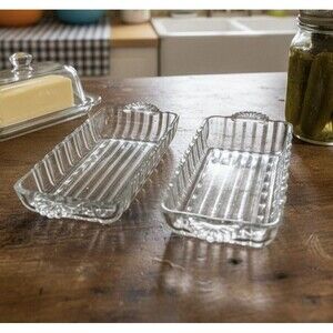 Butter Pickle Serving Dishes Set 2 Vintage Ribbed Glass Shell Handles No Chips